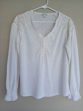 Sundance long sleeve tee white Cream embroidered Lace henley Large